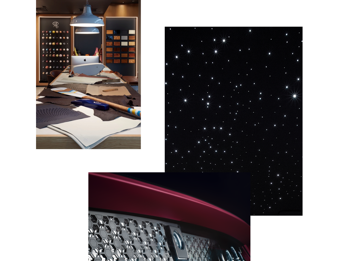 A collage of images, the fascia of a Rolls-Royce Phantom Series II, a zoomed in image of a starlight headliner and showcase of bespoke fabrics and textures available to customers