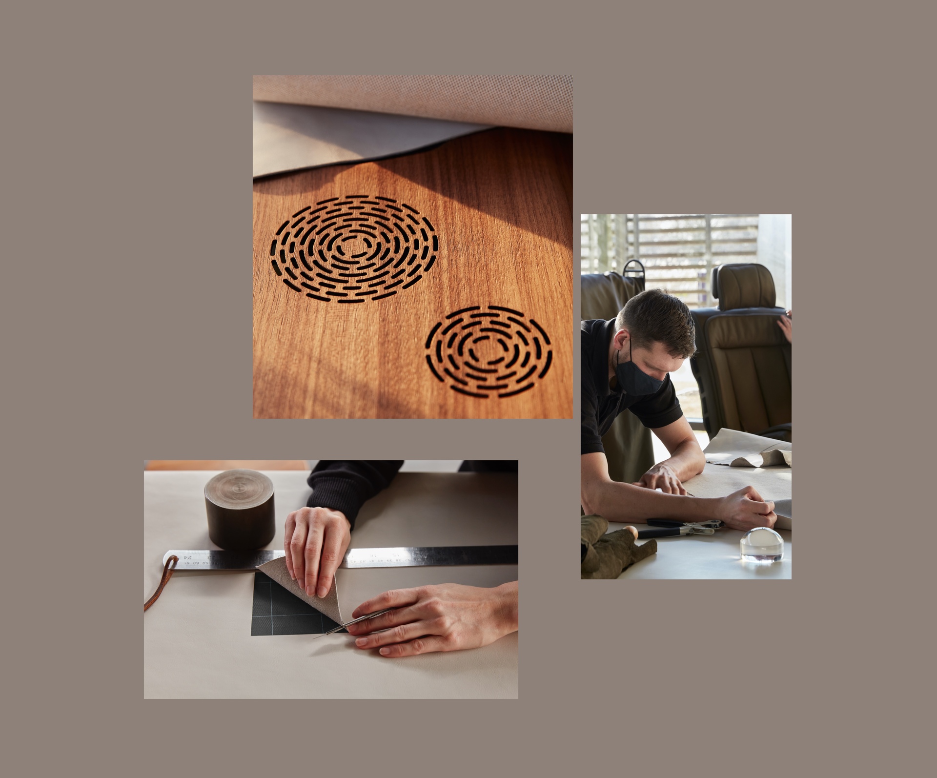 images depicting people working on crafting the leather for the Phantom Oribe, and close up shot of the wooden speaker frets