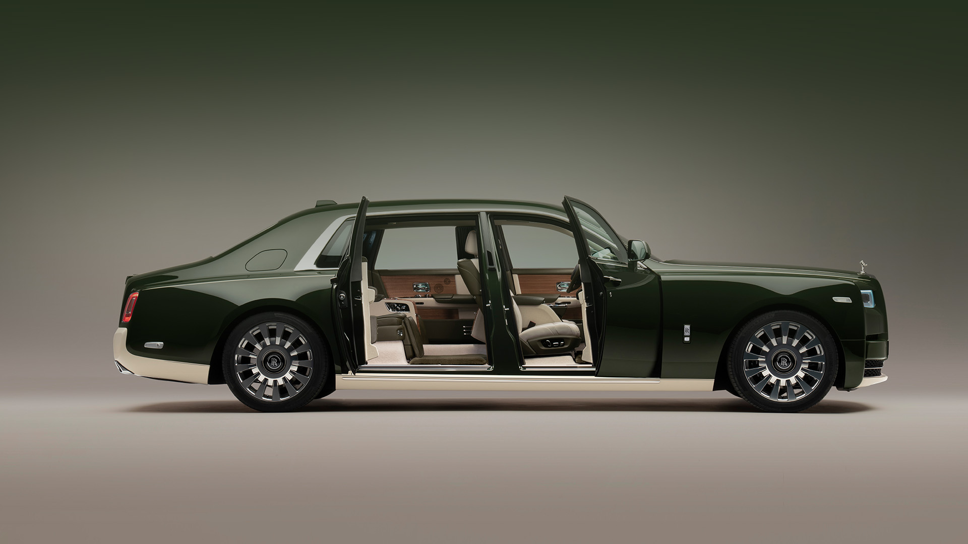 side shot of a Rolls-Royce Phantom Oribe in green with doors open