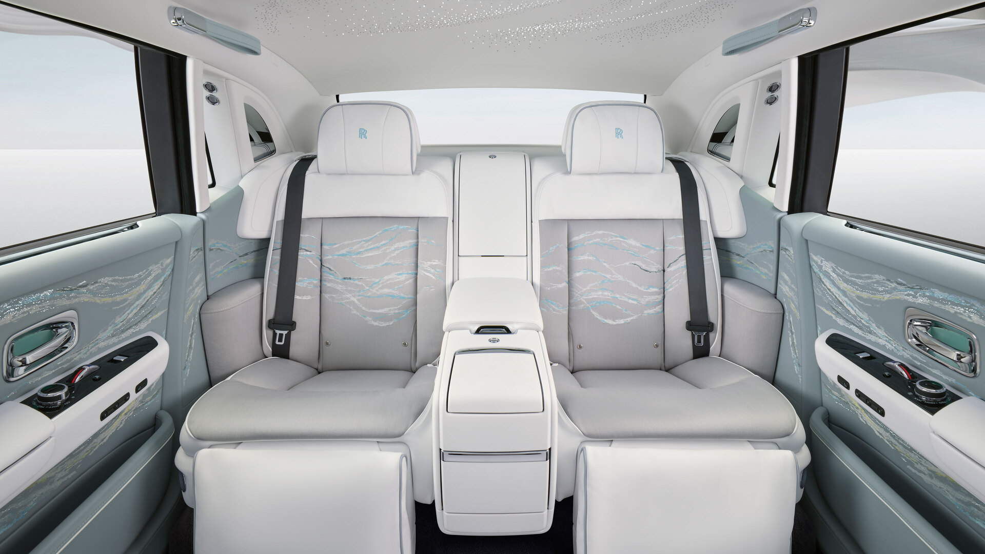 Phantom Scintilla white interior with blue, grey, and white textures in the seat.