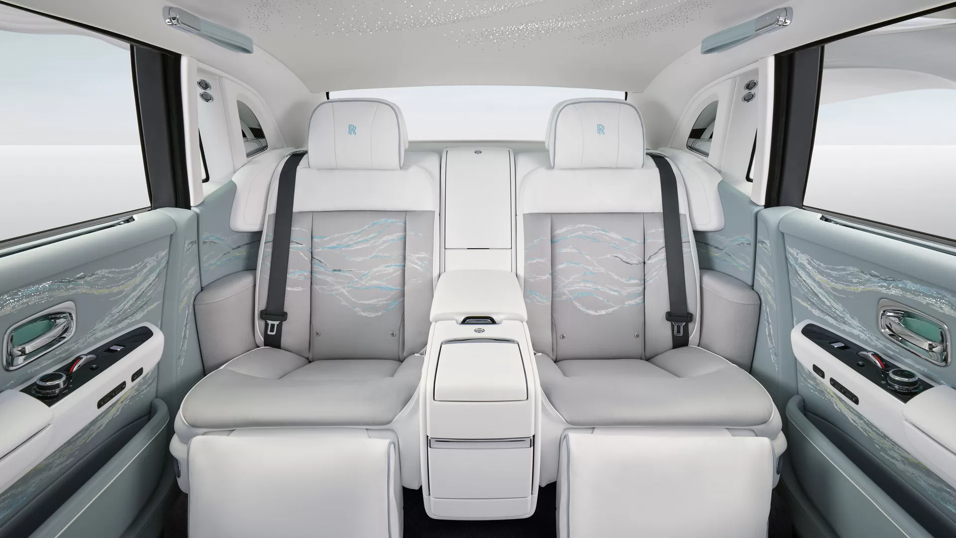 Phantom Scintilla white interior with blue, grey, and white textures in the seat.