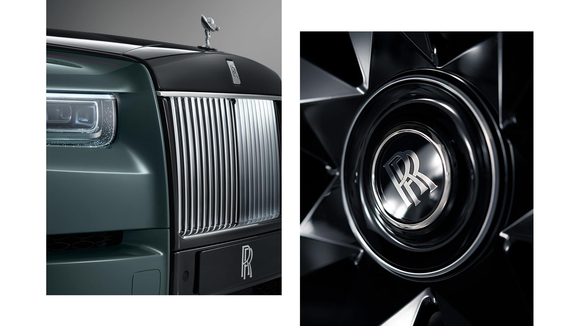 rolls royce phantom salon A collage of two images, A focused image on the top of the front grill and the SOE and zoomed in shot of Rolls-Royce logo found on the wheels of a Rolls-Royce Phantom Series II