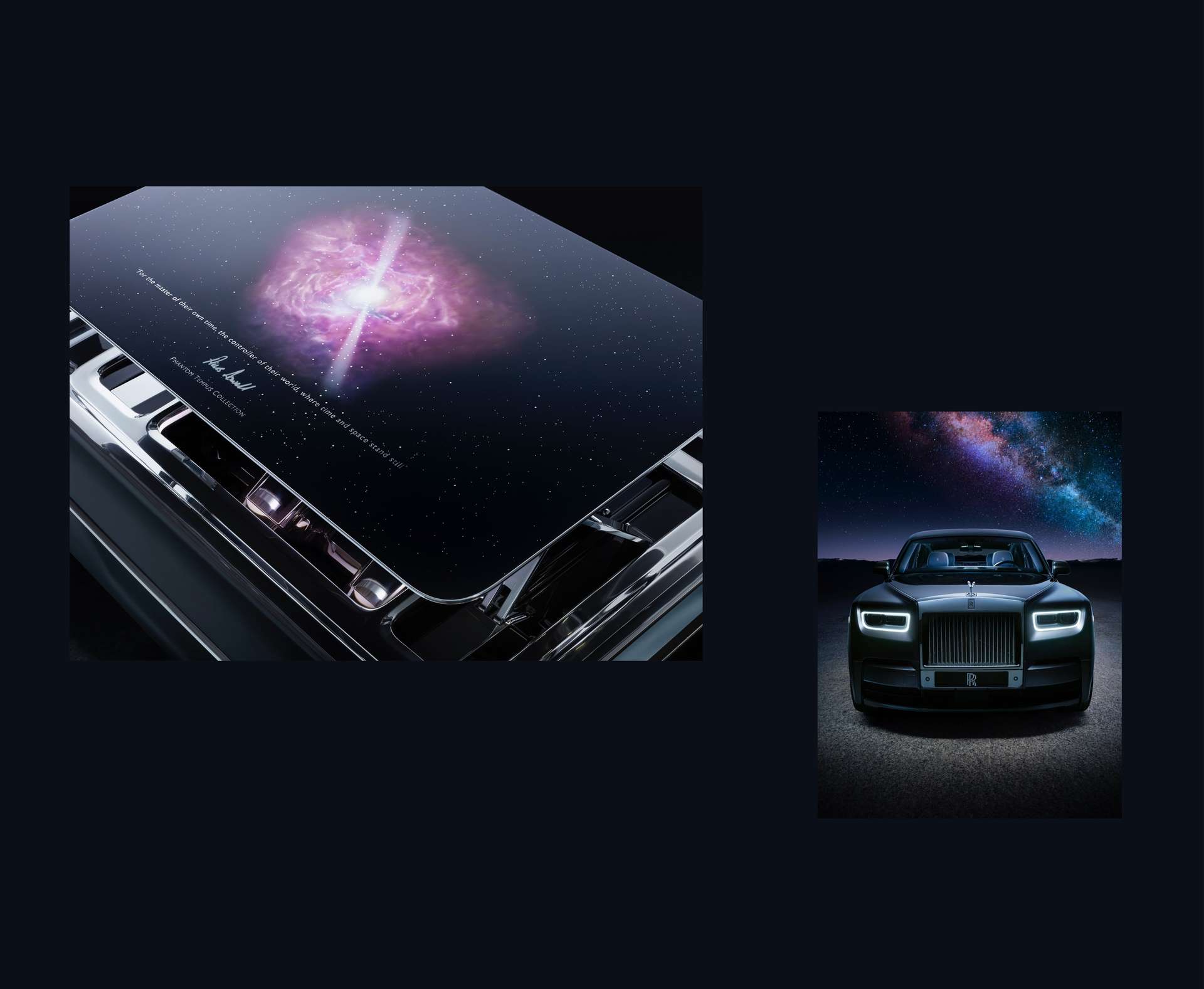 A combined image of a Rolls-Royce Phantom Tempus Champagne Chest and a front shot of a Phantom Tempus motor car