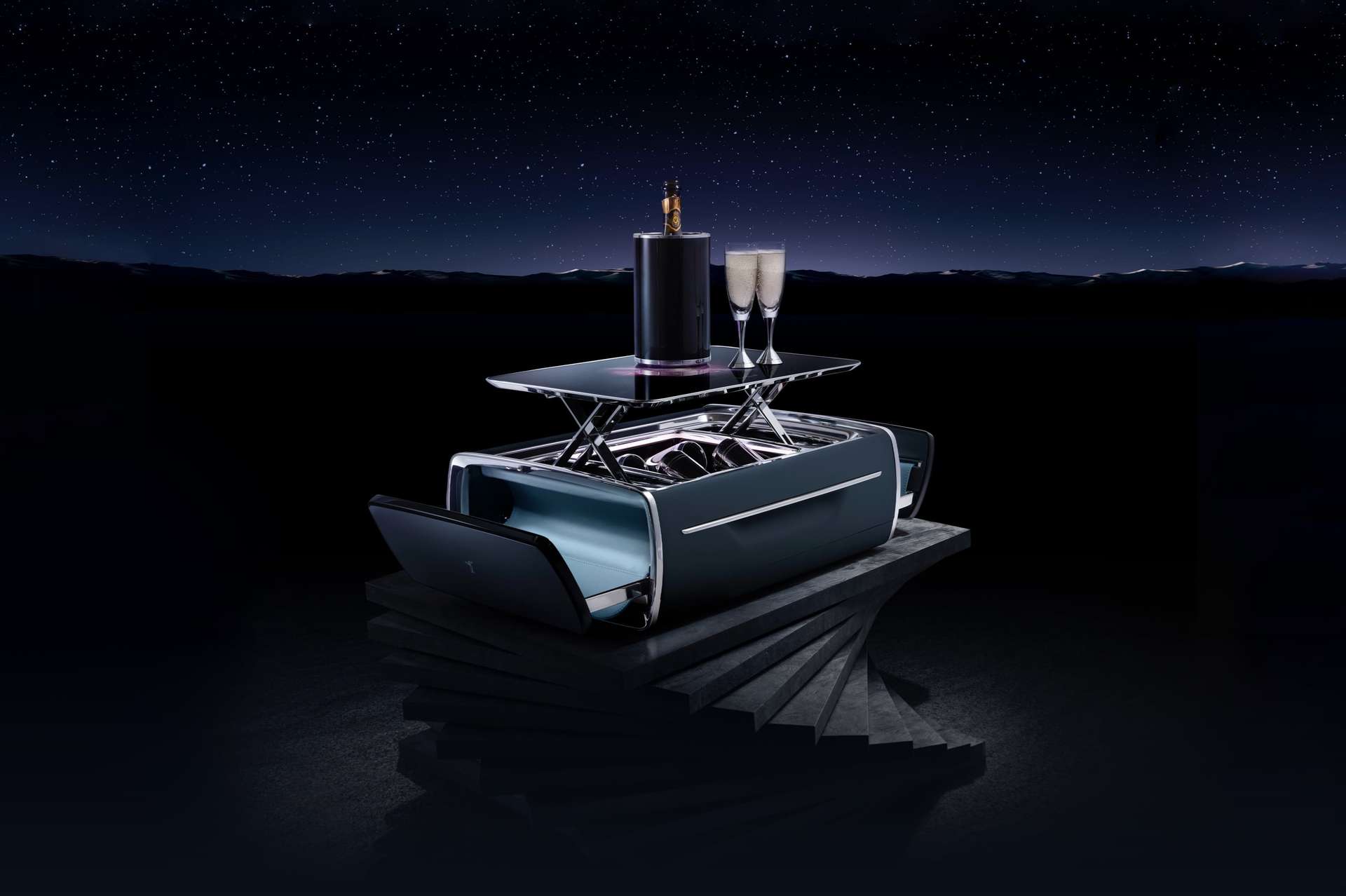 Rolls-Royce Phantom Tempus Champagne Chest unfolded to reveal serving tray and drawers, sitting on a plinth comprised of marble slabs