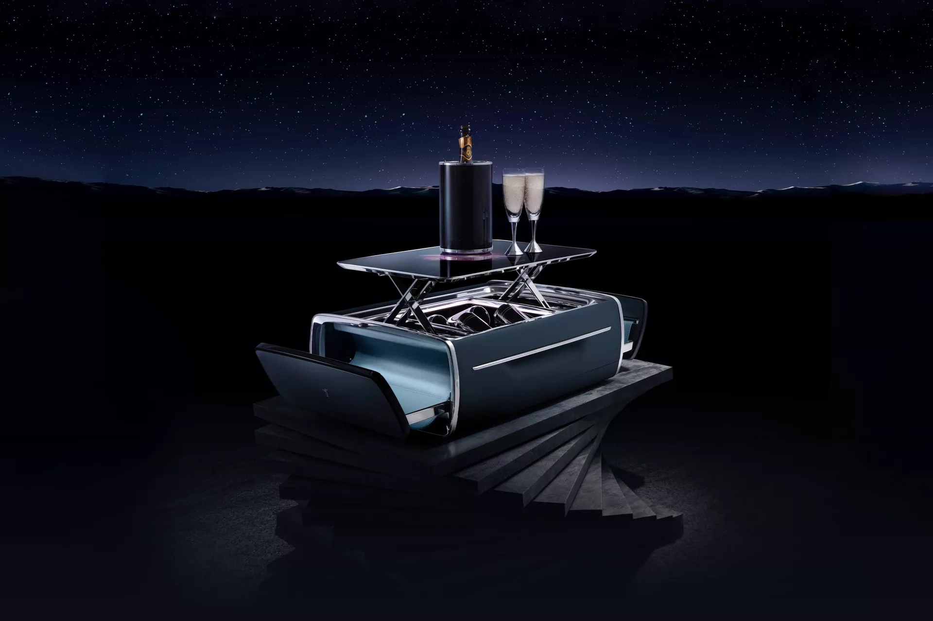 Rolls-Royce Phantom Tempus Champagne Chest unfolded to reveal serving tray and drawers, sitting on a plinth comprised of marble slabs