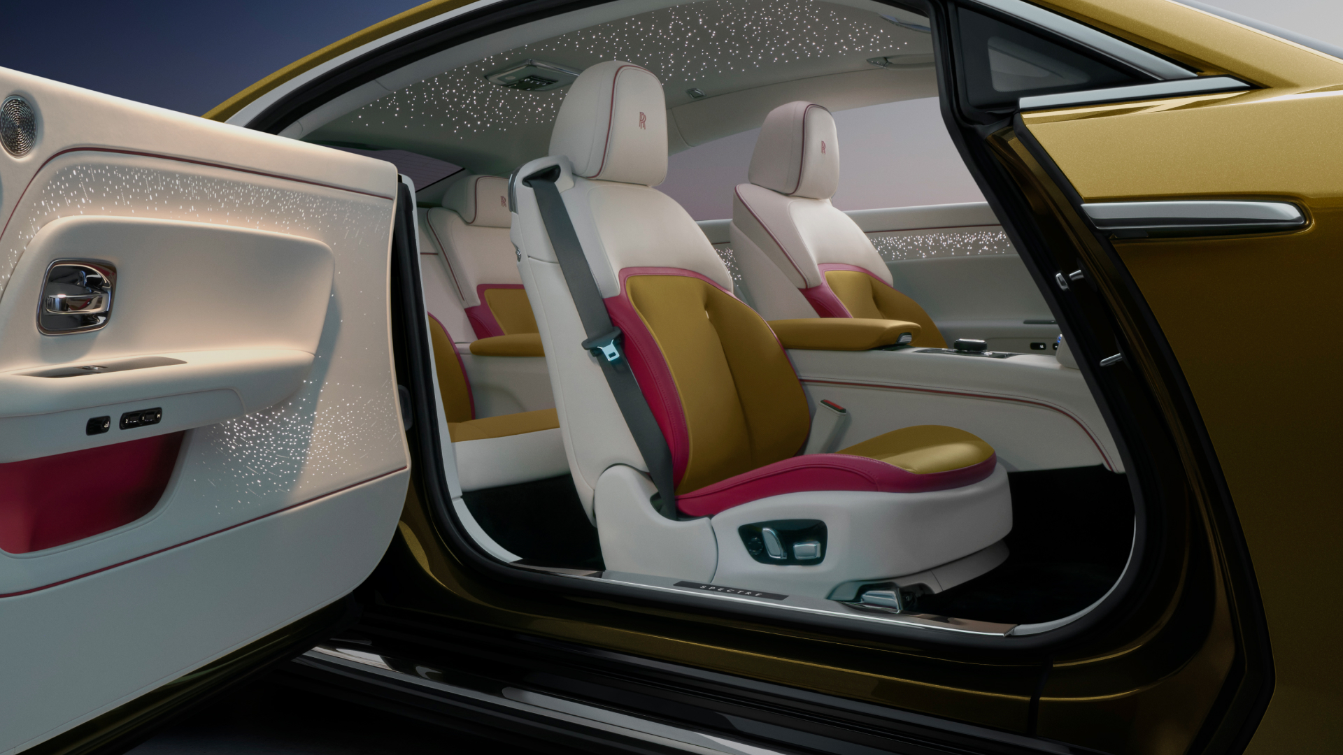 Rolls-Royce Spectre interior with pristine leather and starred roof viewed from the side door