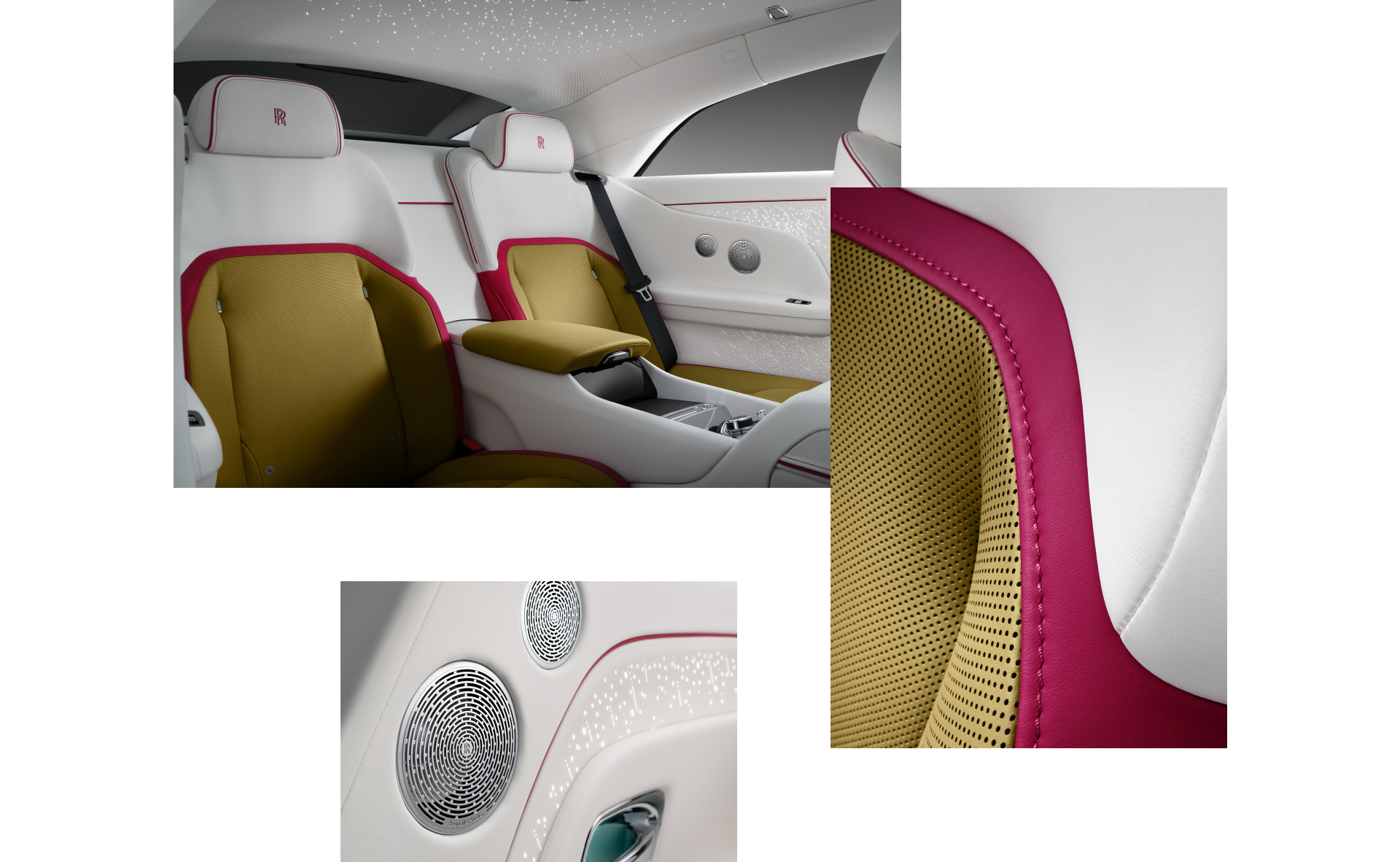 A collage with 3 images displaying details of a Rolls-Royce Spectre