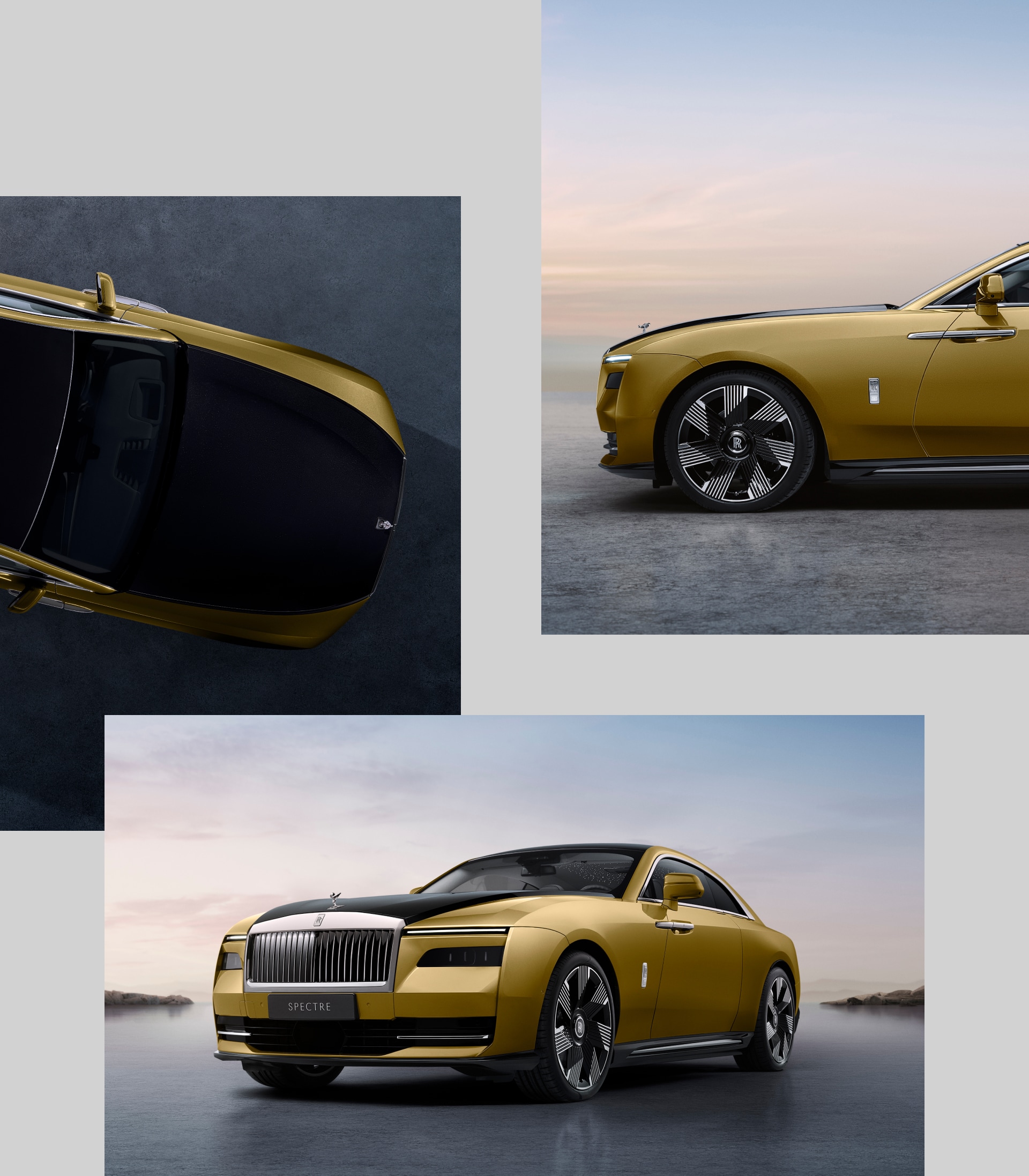 A collage of three images showing the exterior features of a Rolls-Royce Spectre