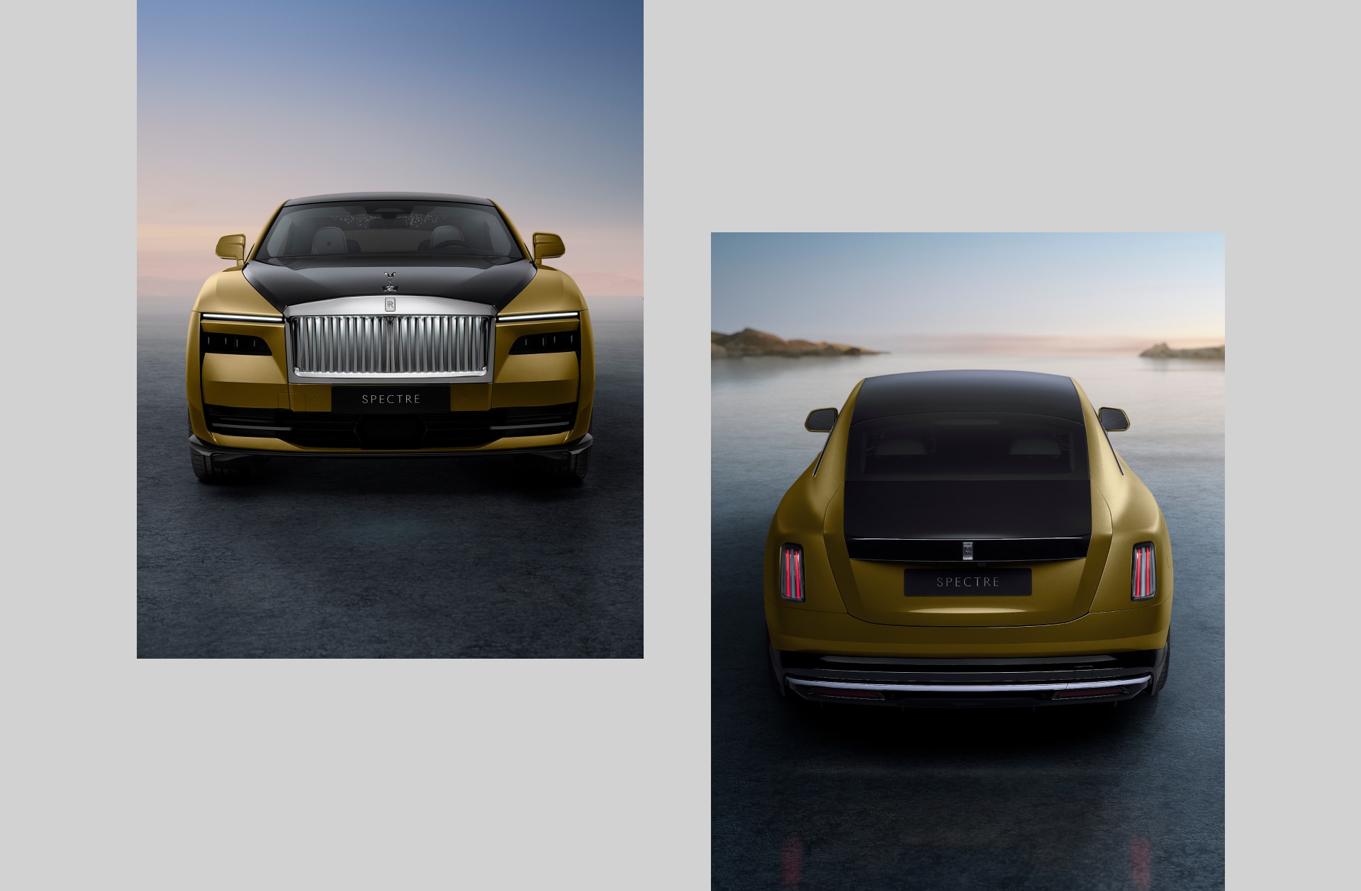 A collage of two images showing the exterior features of a Rolls-Royce Spectre