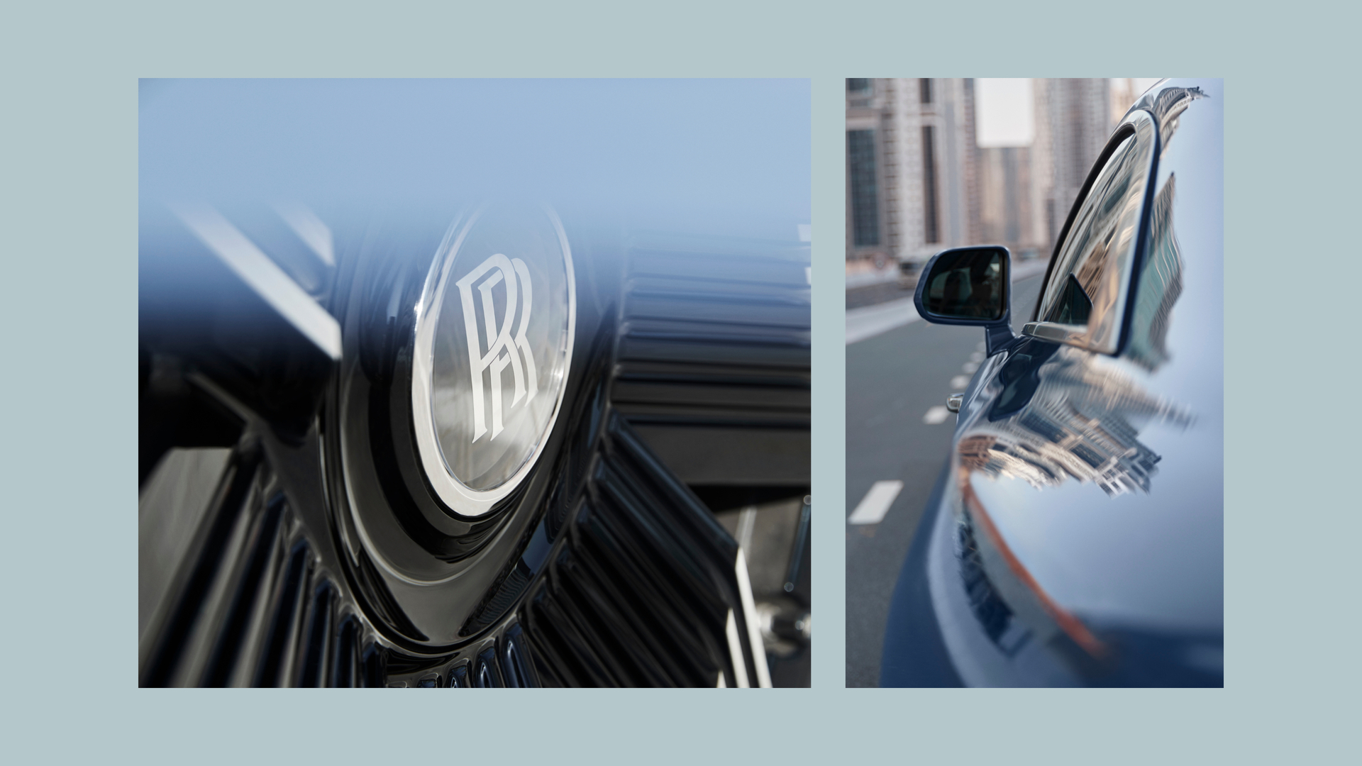 Detail of the Rolls-Royce monogram in the center of the wheel on the left and side of the Rolls-Royce Spectre car on the right