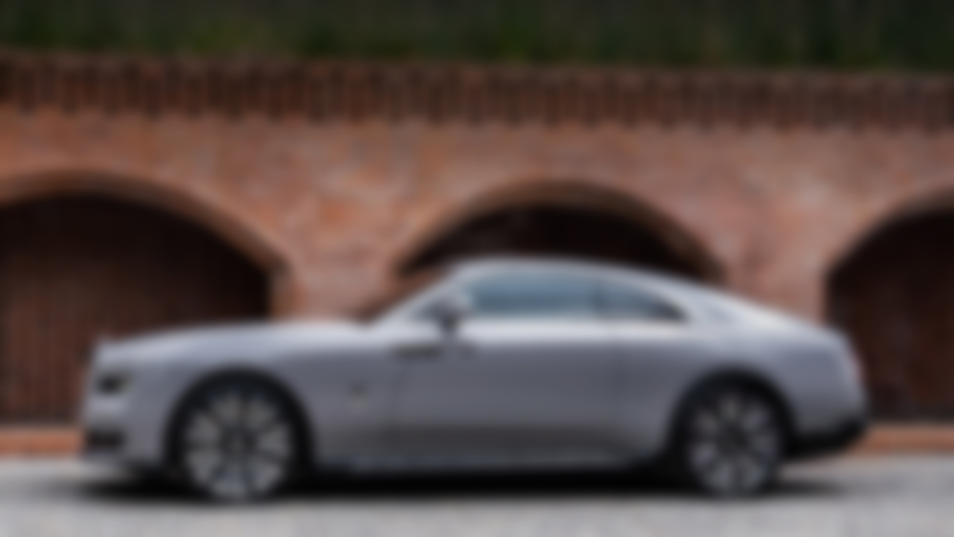 Image of a grey Spectre sitting on a brick road.