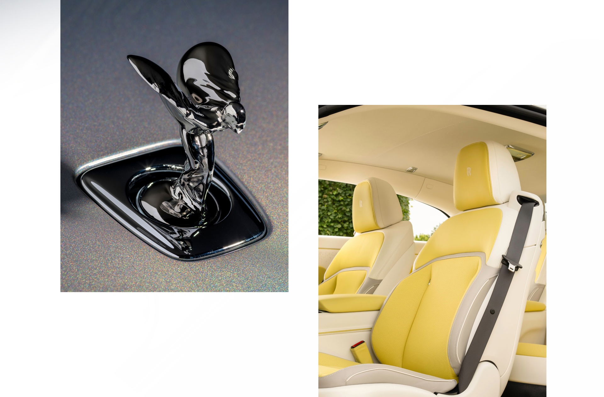 Dual image of Yellow Spectre seats and a dark silver spirit of ecstasy. 