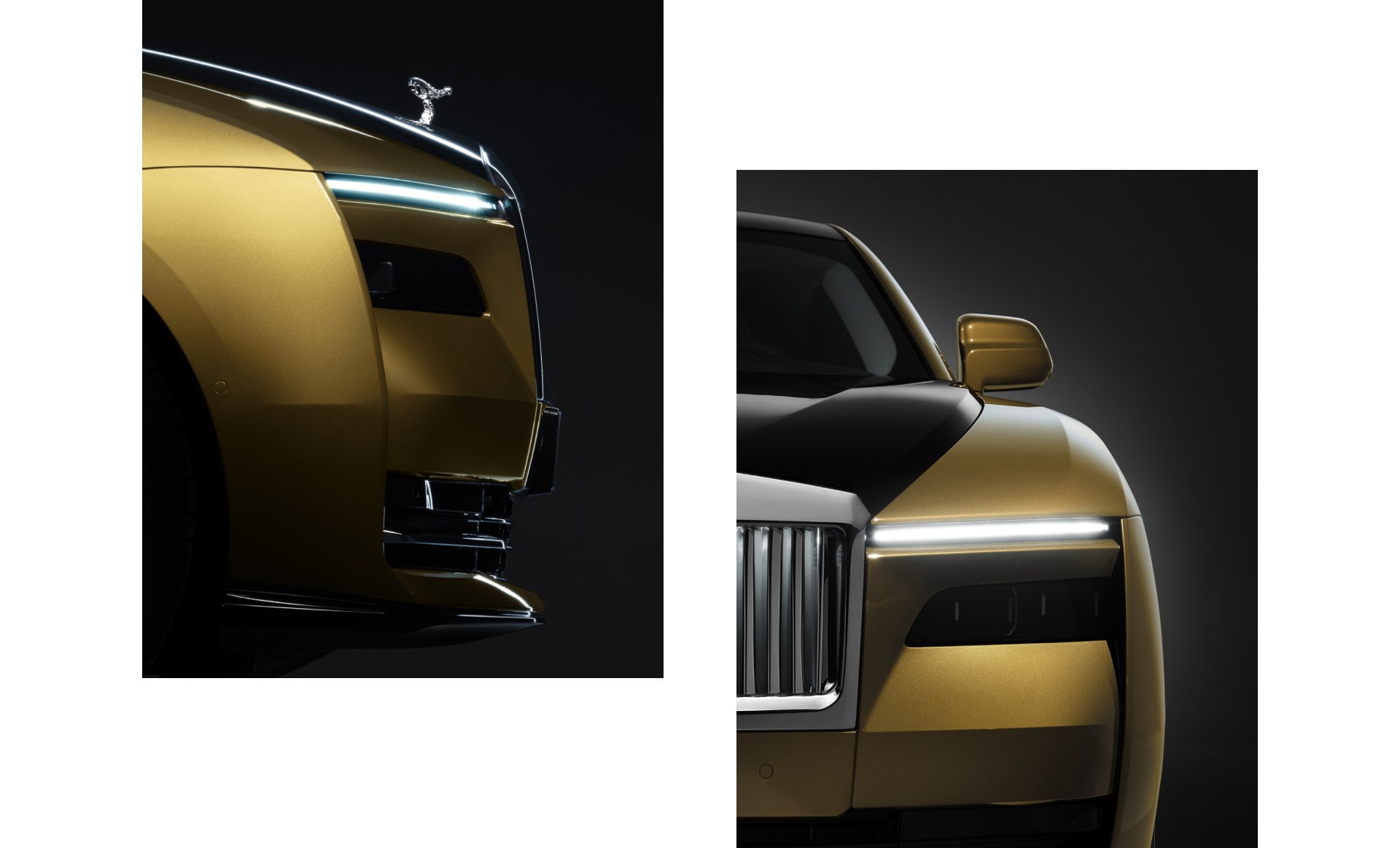 Collage of Spectre showing front grille and side image of Spirit of Ecstasy