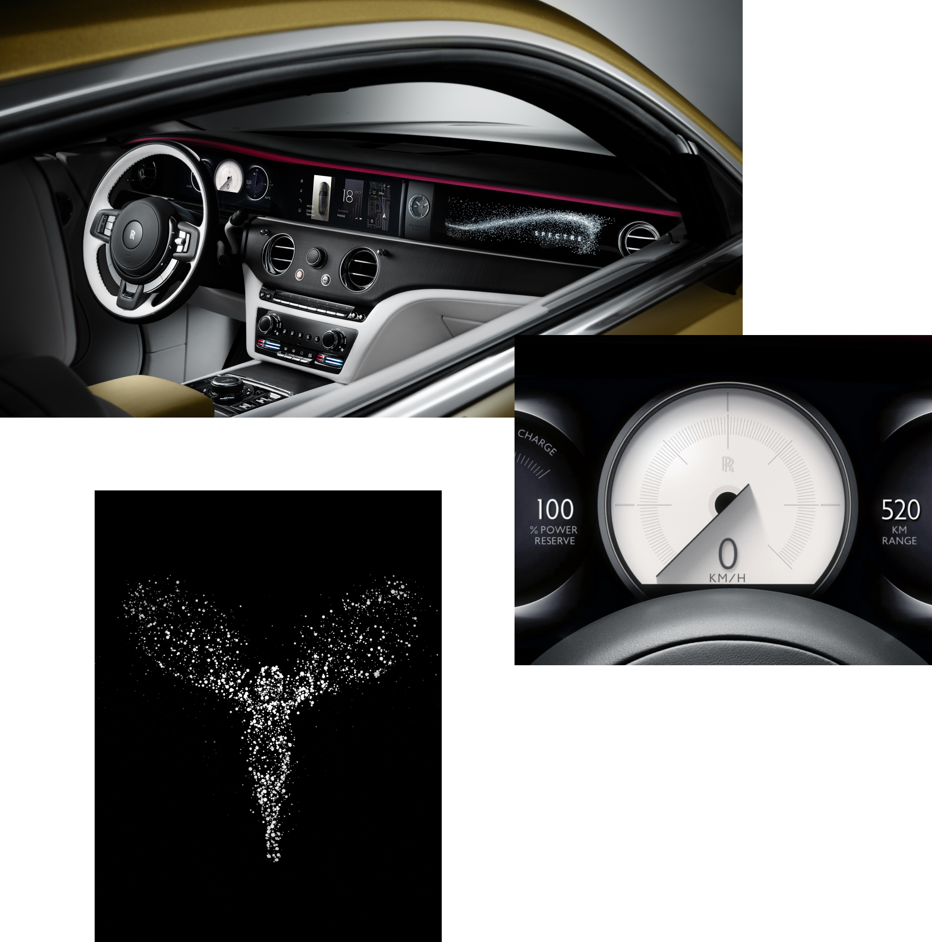 rolls royce spectre kaufen A collage of images displaying interior of Spectre, speedometer and the Spirit of Ecstasy logo in a particle like design